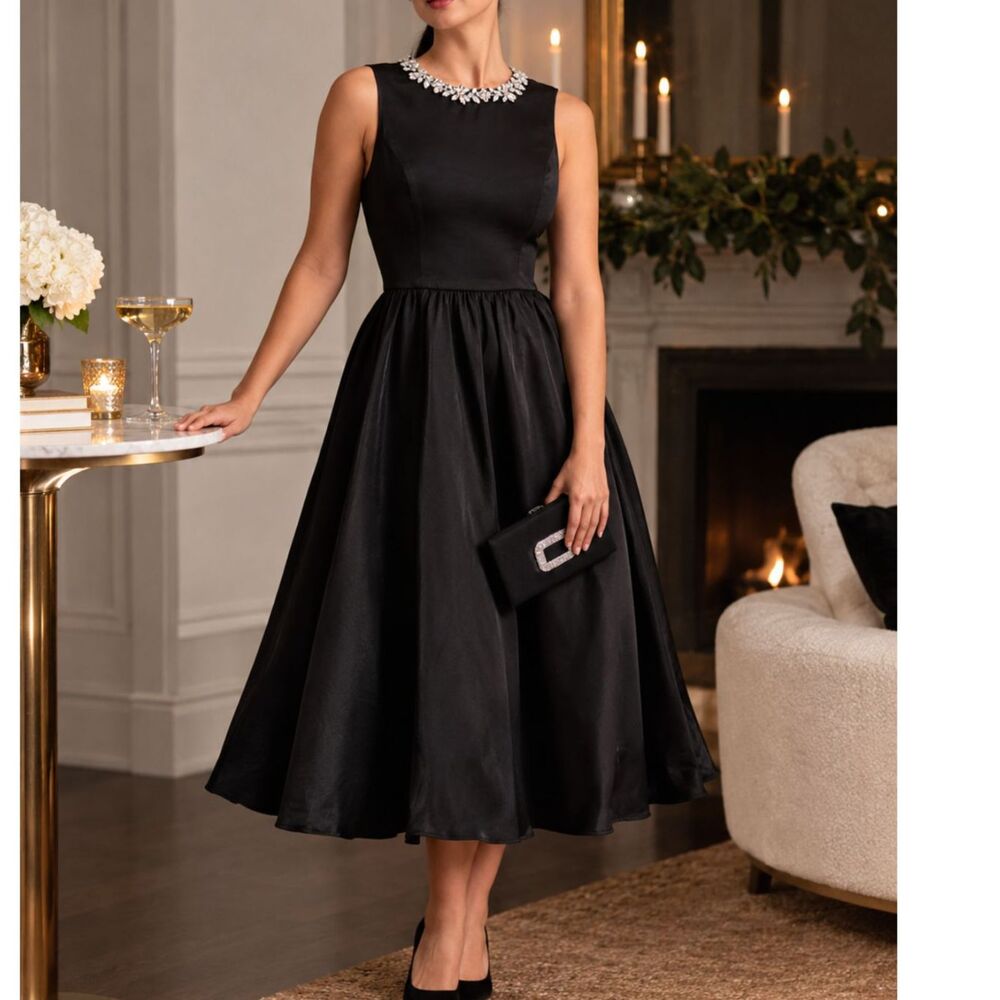 Lulus Marietta Black Satin Rhinestone Midi Dress Fit Flare Formal Cocktail XL